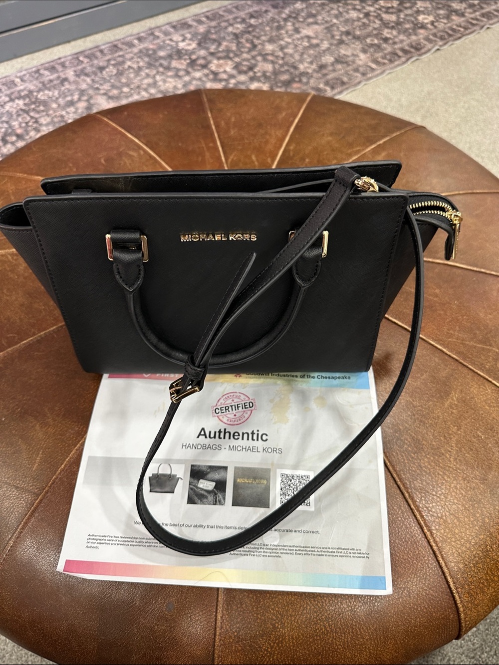 MICHAEL KORS Black Saffiano Leather Satchel with Gold Hardware